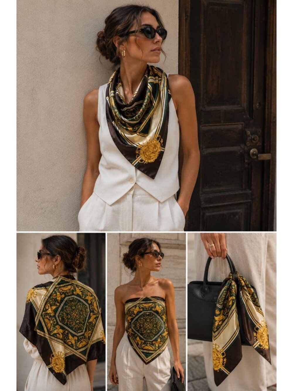 Gita Vintage Silk Scarf Baroque Griffin Medallion Green Gold Brown 30” Square